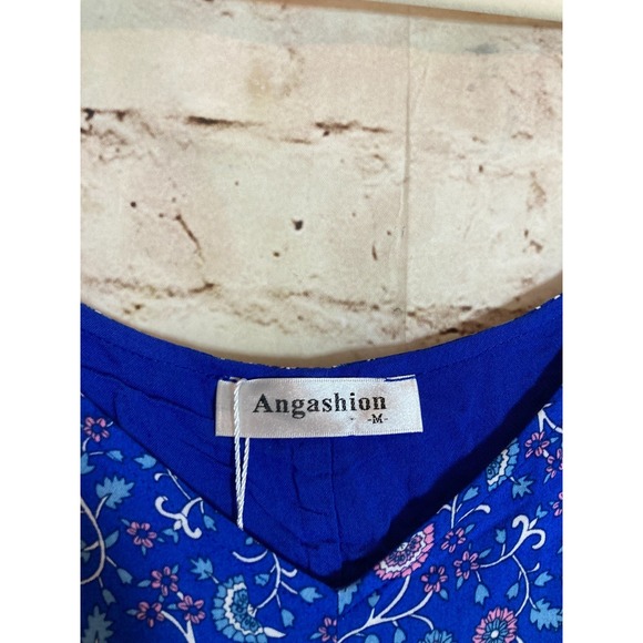 Angashion Peasant Midi Dress Women Medium Cobalt Ditsy Micro Floral Pockets Boho - Picture 4 of 14